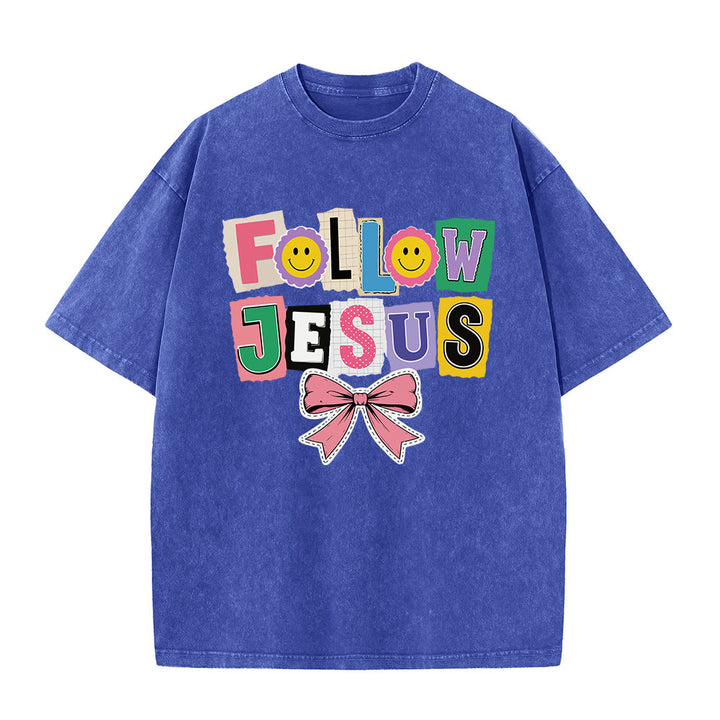 Christianartworkshop Lettre de scrapbooking Suivez Jésus Embellissement Nœud Ornement T-shirt délavé - Bleu - 5XL - image 5