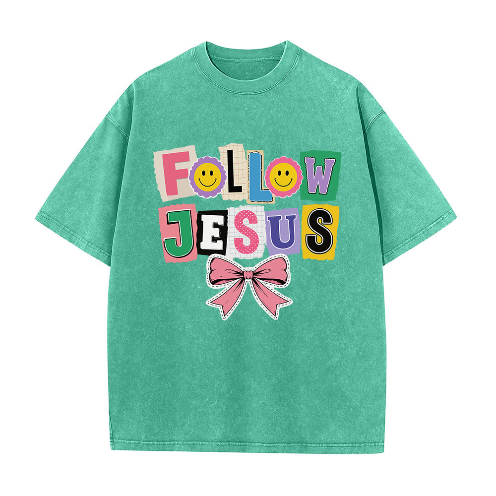 Christianartworkshop Lettre de scrapbooking Suivez Jésus Embellissement Nœud Ornement T-shirt délavé - Vert - 5XL - image 0