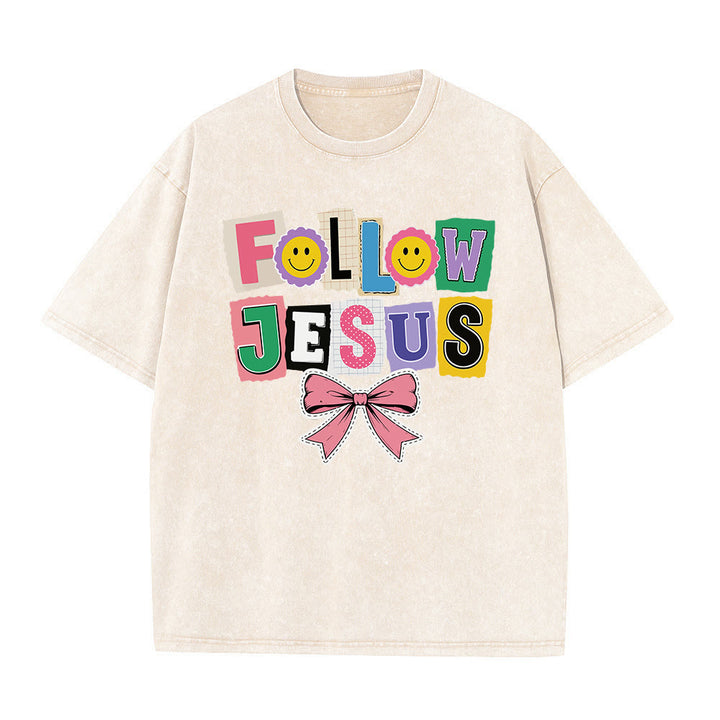 Christianartworkshop Lettre de scrapbooking Suivez Jésus Embellissement Nœud Ornement T-shirt délavé - Beige - 5XL - image 2