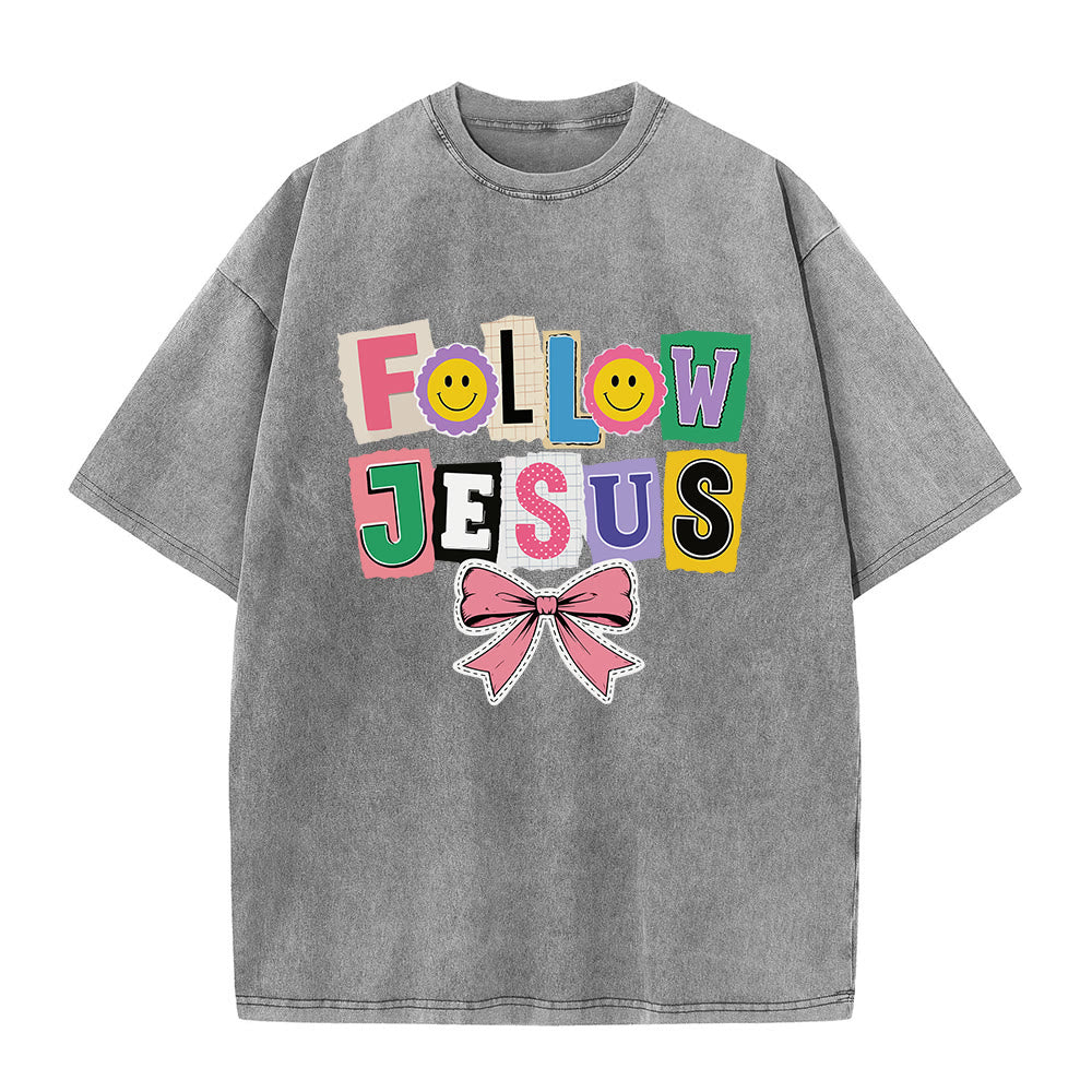 Christianartworkshop Lettre de scrapbooking Suivez Jésus Embellissement Nœud Ornement T-shirt délavé - Gris - 5XL - image 4