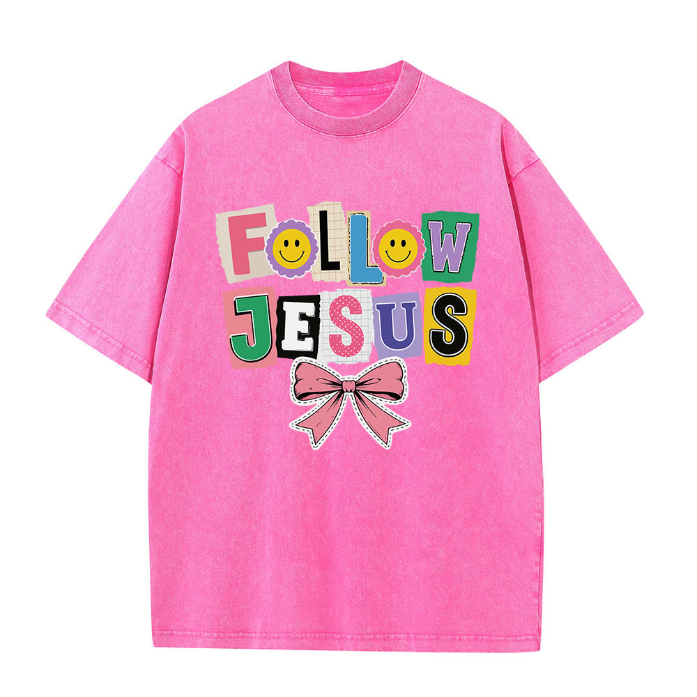 Christianartworkshop Lettre de scrapbooking Suivez Jésus Embellissement Nœud Ornement T-shirt délavé - Rose - 5XL - image 7