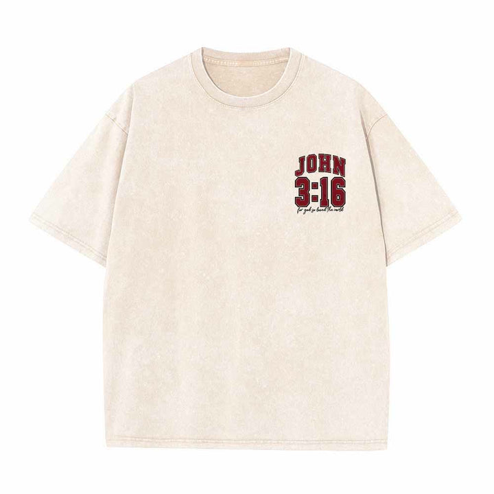 Christianartworkshop T-shirt lavé avec inscription « Jean 3:16 » (Poignée universitaire) au dos et côté poitrine : « Car Dieu a tant aimé le monde ». - image 10