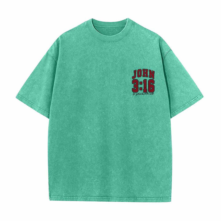 Christianartworkshop T-shirt lavé avec inscription « Jean 3:16 » (Poignée universitaire) au dos et côté poitrine : « Car Dieu a tant aimé le monde ». - image 4