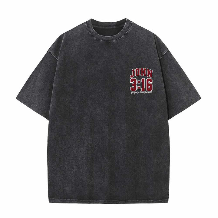 Christianartworkshop T-shirt lavé avec inscription « Jean 3:16 » (Poignée universitaire) au dos et côté poitrine : « Car Dieu a tant aimé le monde ». - image 7
