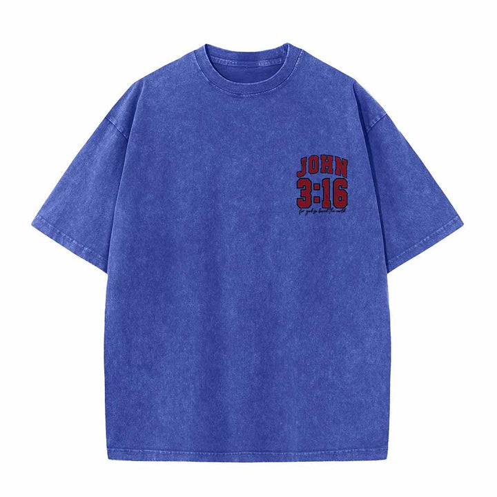 Christianartworkshop T-shirt lavé avec inscription « Jean 3:16 » (Poignée universitaire) au dos et côté poitrine : « Car Dieu a tant aimé le monde ». - image 16