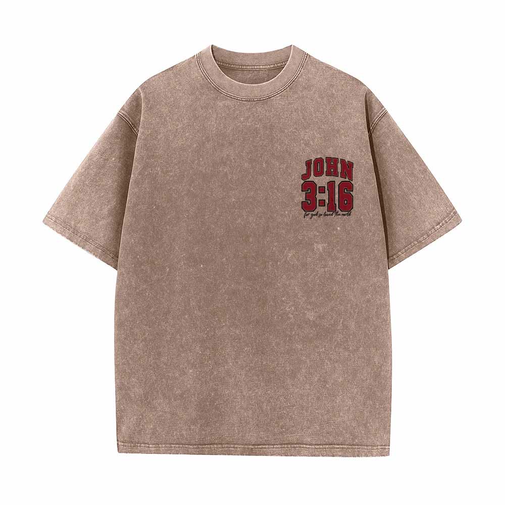 Christianartworkshop T-shirt lavé avec inscription « Jean 3:16 » (Poignée universitaire) au dos et côté poitrine : « Car Dieu a tant aimé le monde ». - image 13