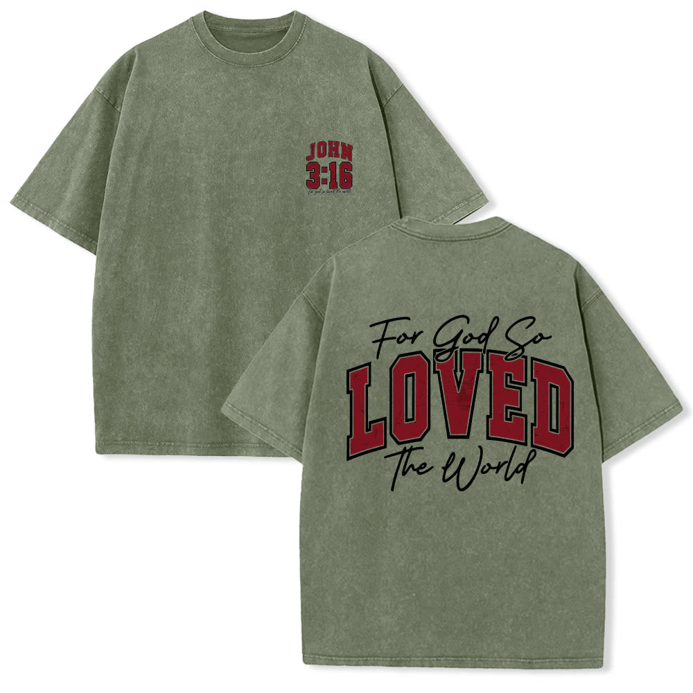 Christianartworkshop T-shirt lavé avec inscription « Jean 3:16 » (Poignée universitaire) au dos et côté poitrine : « Car Dieu a tant aimé le monde ». - Vert armée - 5XL - image 24