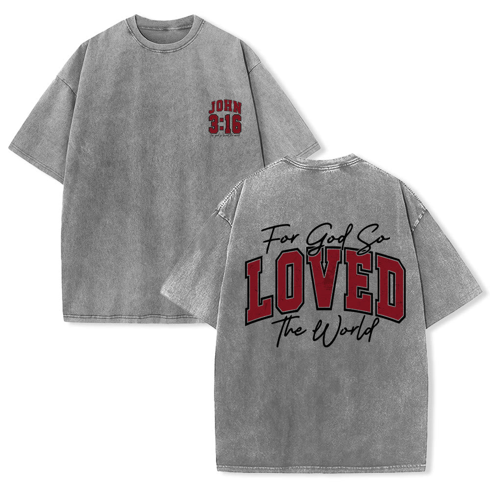 Christianartworkshop T-shirt lavé avec inscription « Jean 3:16 » (Poignée universitaire) au dos et côté poitrine : « Car Dieu a tant aimé le monde ». - Gris - 5XL - image 0