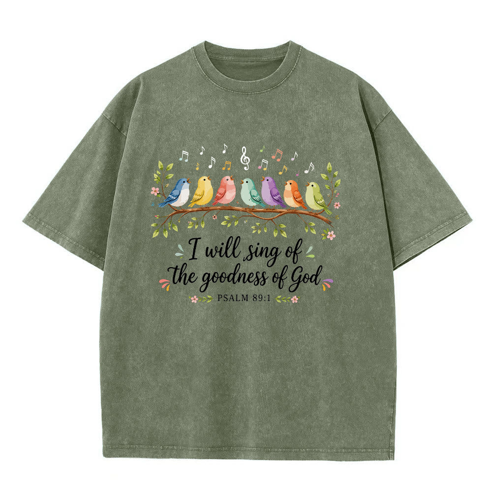 Christianartworkshop T-shirt délavé « Oiseaux chanteurs perchés sur une branche » avec motif floral et note de musique, Psaume 89:1 - Vert armée - 5XL - image 8