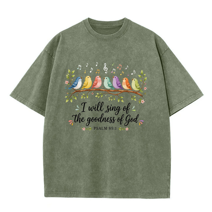 Christianartworkshop T-shirt délavé « Oiseaux chanteurs perchés sur une branche » avec motif floral et note de musique, Psaume 89:1 - Vert armée - 5XL - image 8