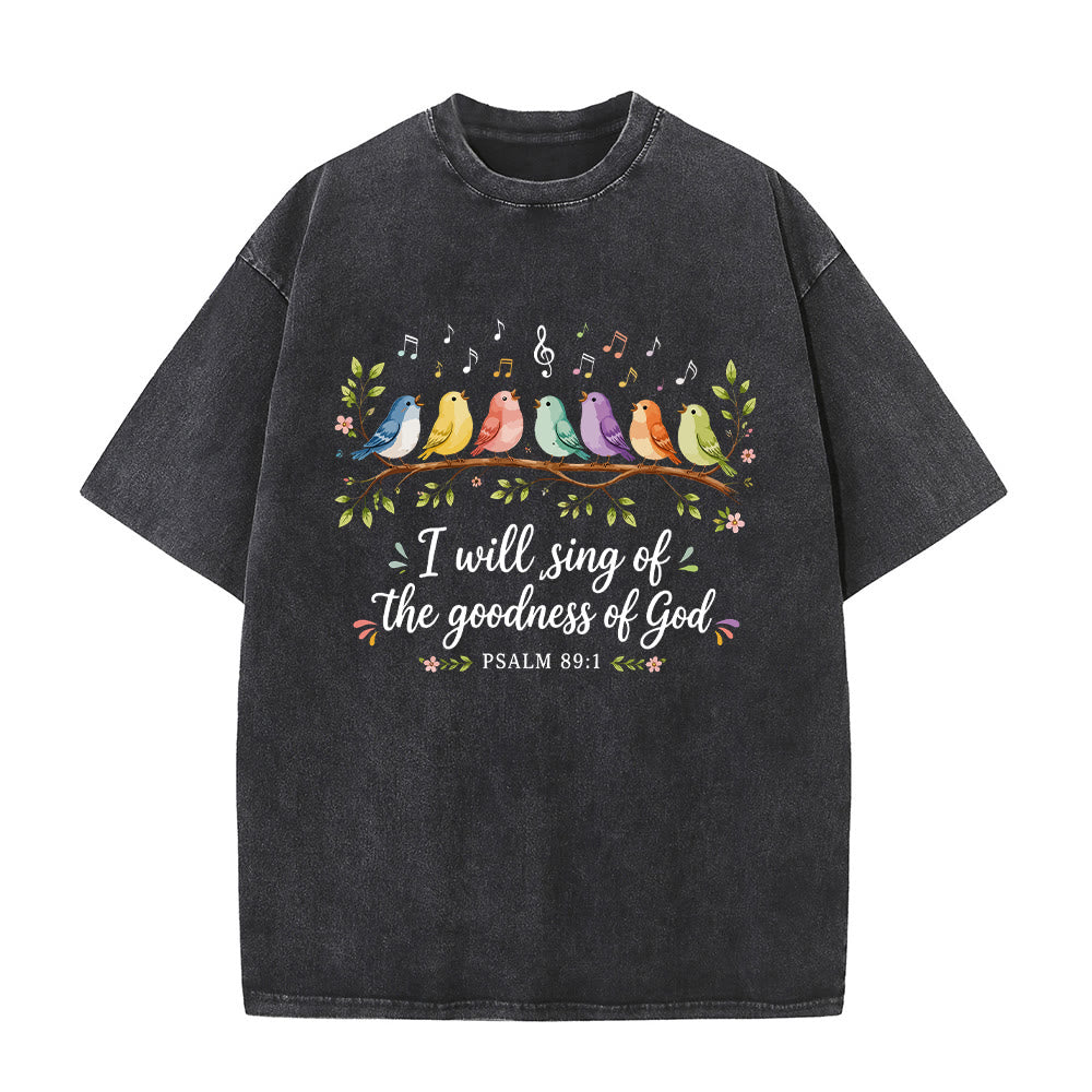 Christianartworkshop T-shirt délavé « Oiseaux chanteurs perchés sur une branche » avec motif floral et note de musique, Psaume 89:1 - Noir - 5XL - image 3
