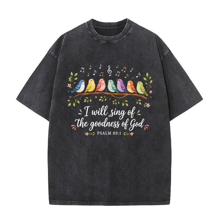 Christianartworkshop T-shirt délavé « Oiseaux chanteurs perchés sur une branche » avec motif floral et note de musique, Psaume 89:1 - Noir - 5XL - image 3