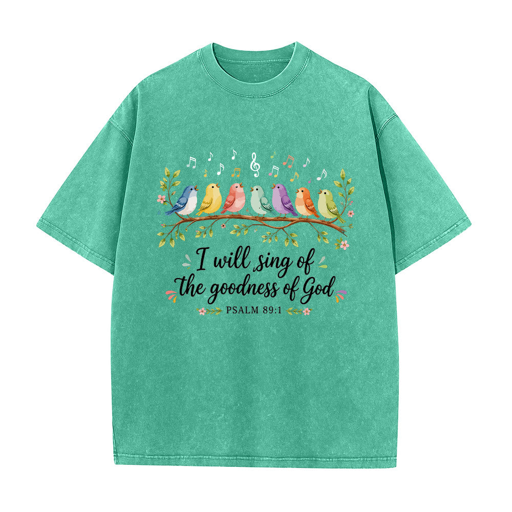 Christianartworkshop T-shirt délavé « Oiseaux chanteurs perchés sur une branche » avec motif floral et note de musique, Psaume 89:1 - Vert - 5XL - image 2