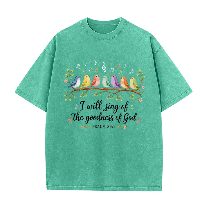 Christianartworkshop T-shirt délavé « Oiseaux chanteurs perchés sur une branche » avec motif floral et note de musique, Psaume 89:1 - Vert - 5XL - image 2