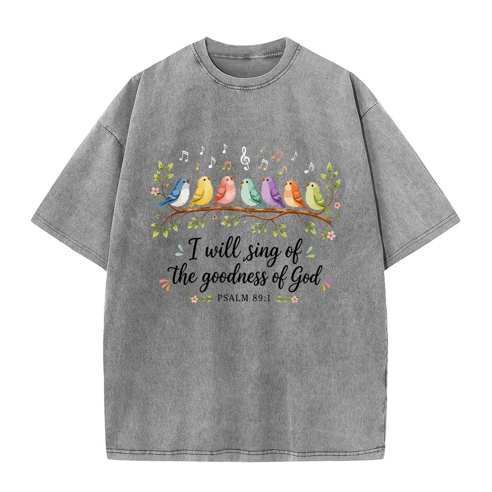 Christianartworkshop T-shirt délavé « Oiseaux chanteurs perchés sur une branche » avec motif floral et note de musique, Psaume 89:1 - Gris - 5XL - image 1