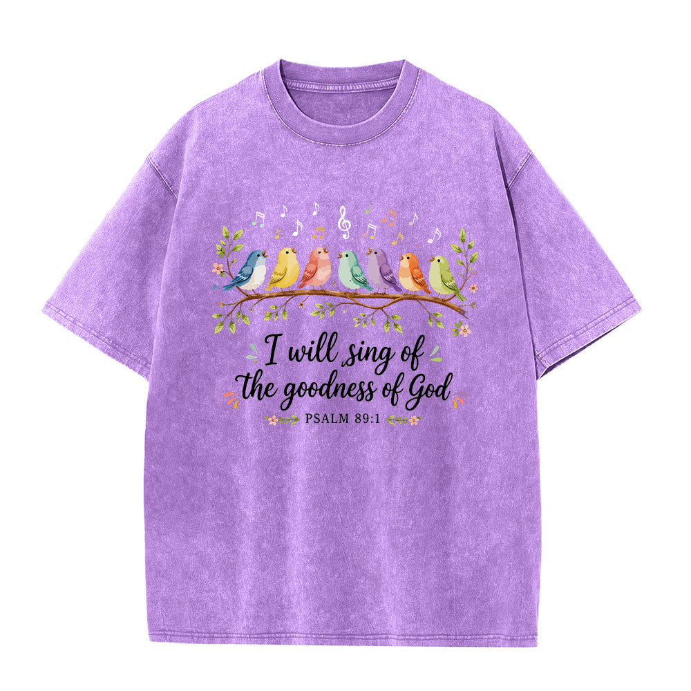 Christianartworkshop T-shirt délavé « Oiseaux chanteurs perchés sur une branche » avec motif floral et note de musique, Psaume 89:1 - Violet - 5XL - image 6