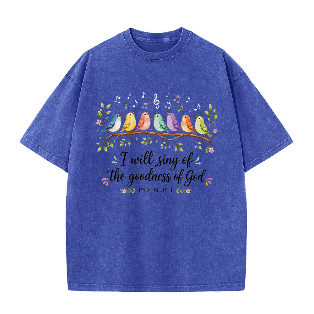 Christianartworkshop T-shirt délavé « Oiseaux chanteurs perchés sur une branche » avec motif floral et note de musique, Psaume 89:1 - Bleu - 5XL - image 5