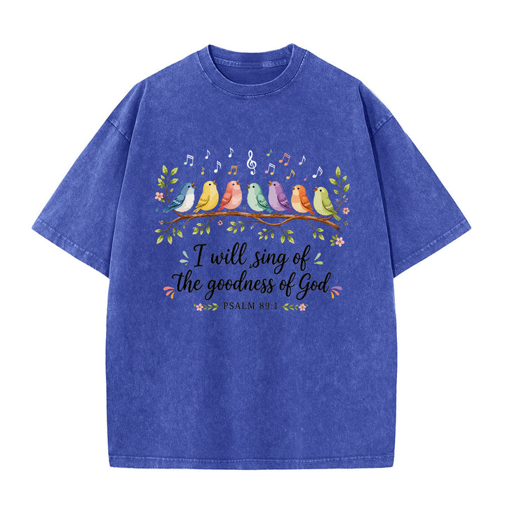 Christianartworkshop T-shirt délavé « Oiseaux chanteurs perchés sur une branche » avec motif floral et note de musique, Psaume 89:1 - Bleu - 5XL - image 5