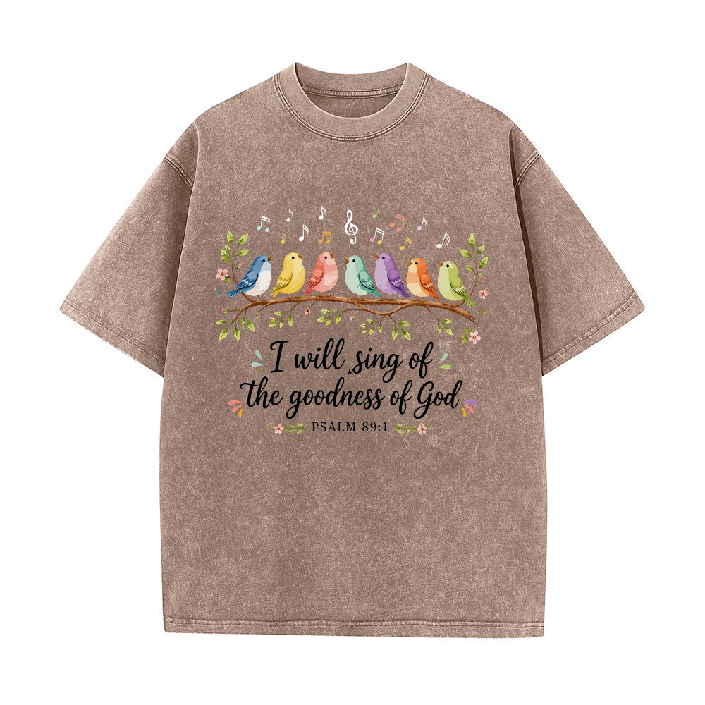 Christianartworkshop T-shirt délavé « Oiseaux chanteurs perchés sur une branche » avec motif floral et note de musique, Psaume 89:1 - Brun - 5XL - image 0