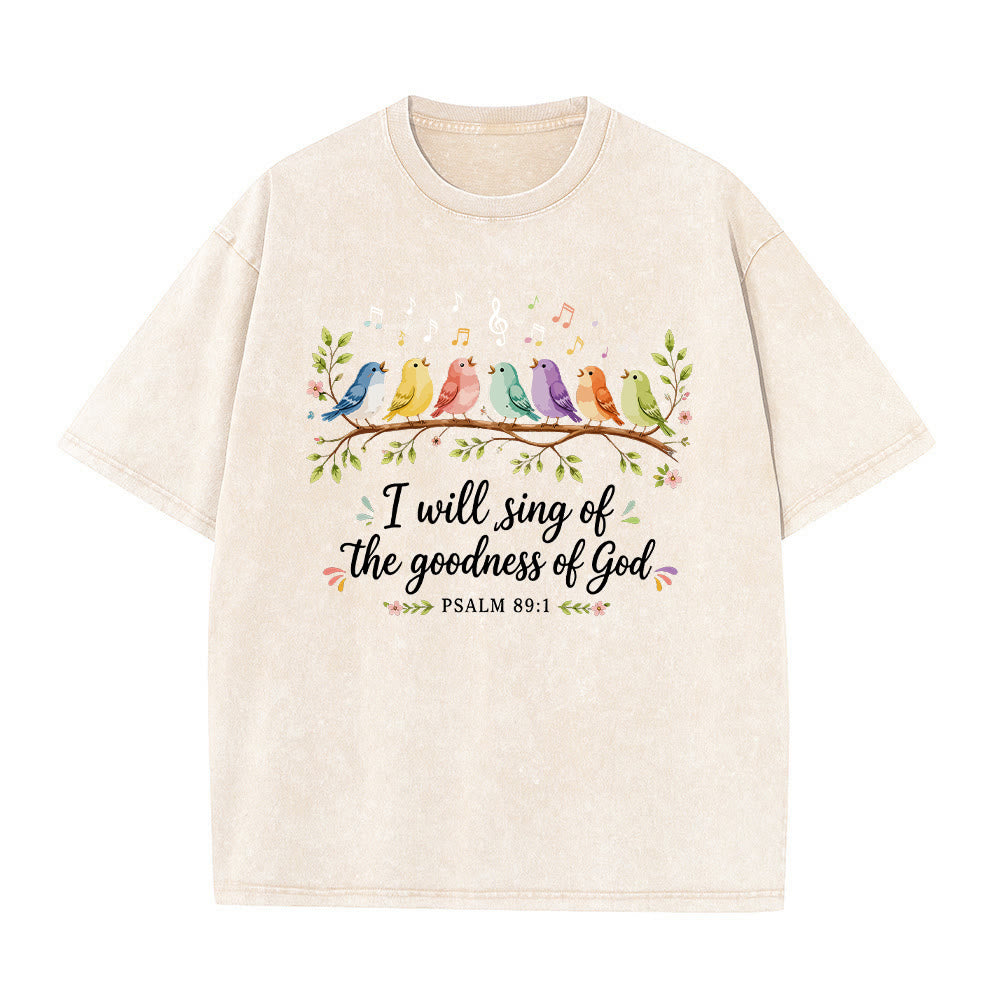 Christianartworkshop T-shirt délavé « Oiseaux chanteurs perchés sur une branche » avec motif floral et note de musique, Psaume 89:1 - Beige - 5XL - image 4