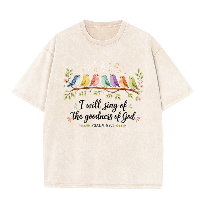 Christianartworkshop T-shirt délavé « Oiseaux chanteurs perchés sur une branche » avec motif floral et note de musique, Psaume 89:1 - Beige - 5XL - image 4