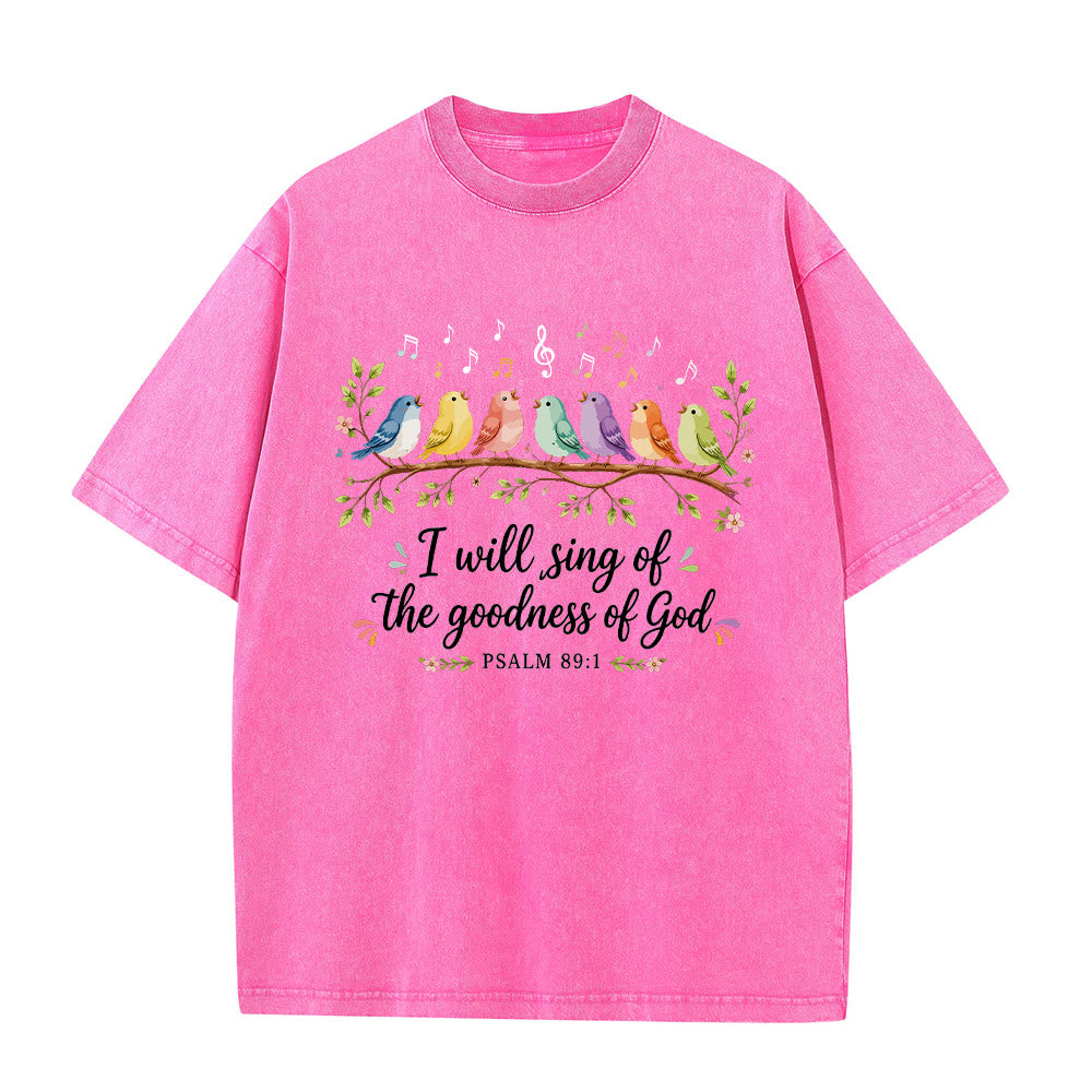 Christianartworkshop T-shirt délavé « Oiseaux chanteurs perchés sur une branche » avec motif floral et note de musique, Psaume 89:1 - Rose - 5XL - image 7
