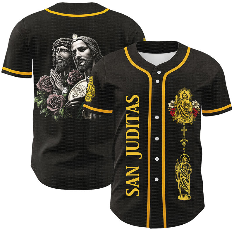 Christianartworkshop San Juditas avec portrait de rose Maillot de baseball boutonné - Noir - 5XL - image 0