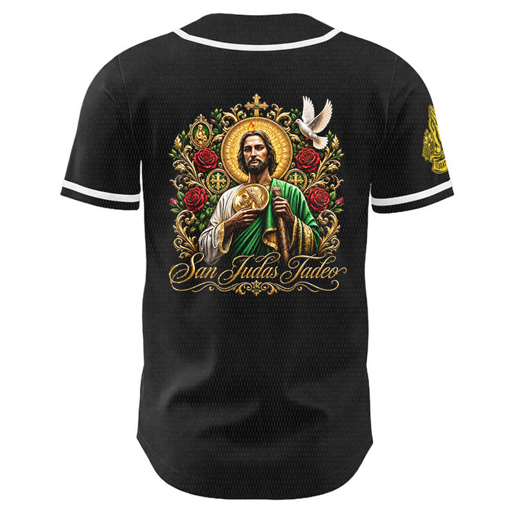 Christianartworkshop Maillot de baseball boutonné avec motif vertical de la sainte San Juditas Rosary Sainte et portrait de la sainte Lys et de la colombe au dos - image 8