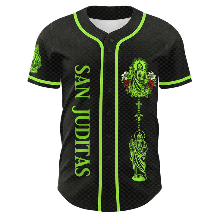 Christianartworkshop Maillot de baseball boutonné avec motif vertical de la sainte San Juditas Rosary Sainte et portrait de la sainte Lys et de la colombe au dos - image 1