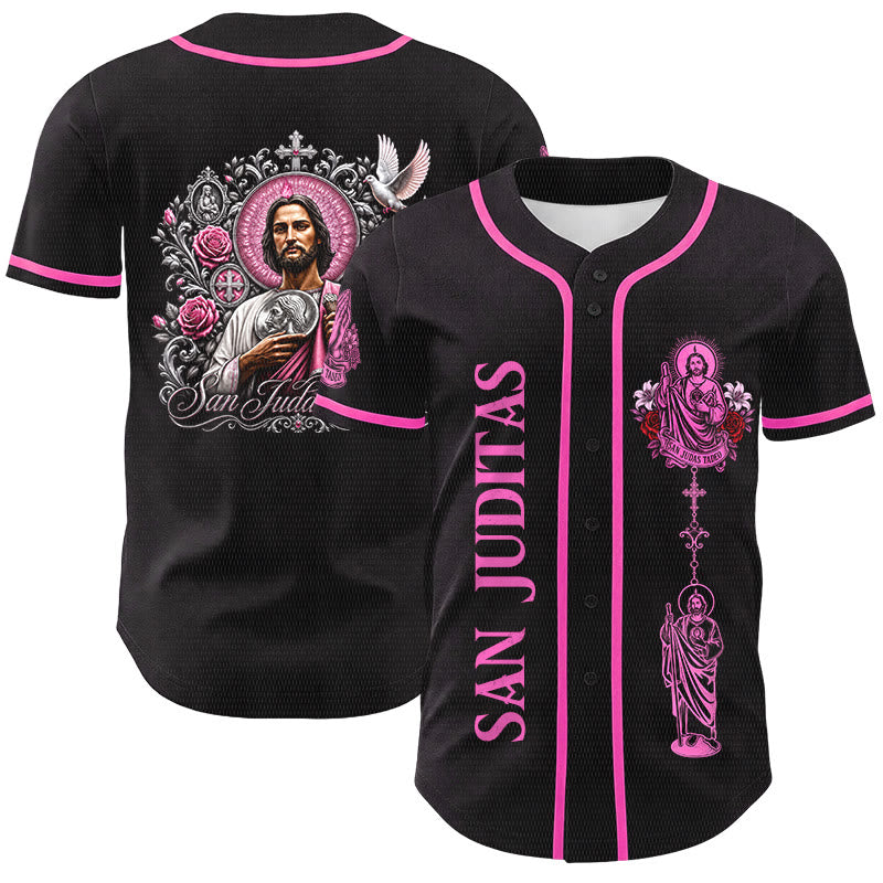 Christianartworkshop Maillot de baseball boutonné avec motif vertical de la sainte San Juditas Rosary Sainte et portrait de la sainte Lys et de la colombe au dos - Noir - Rose - 5XL - image 3