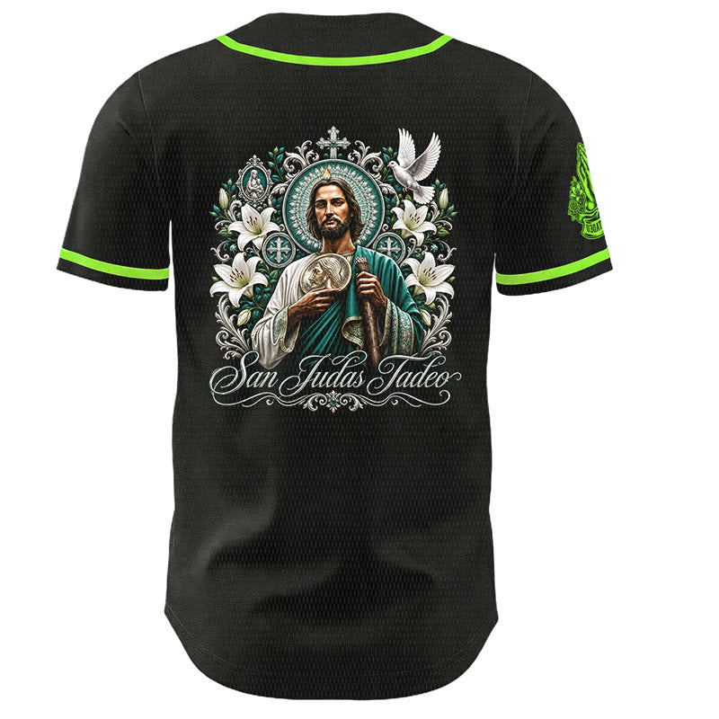 Christianartworkshop Maillot de baseball boutonné avec motif vertical de la sainte San Juditas Rosary Sainte et portrait de la sainte Lys et de la colombe au dos - image 2