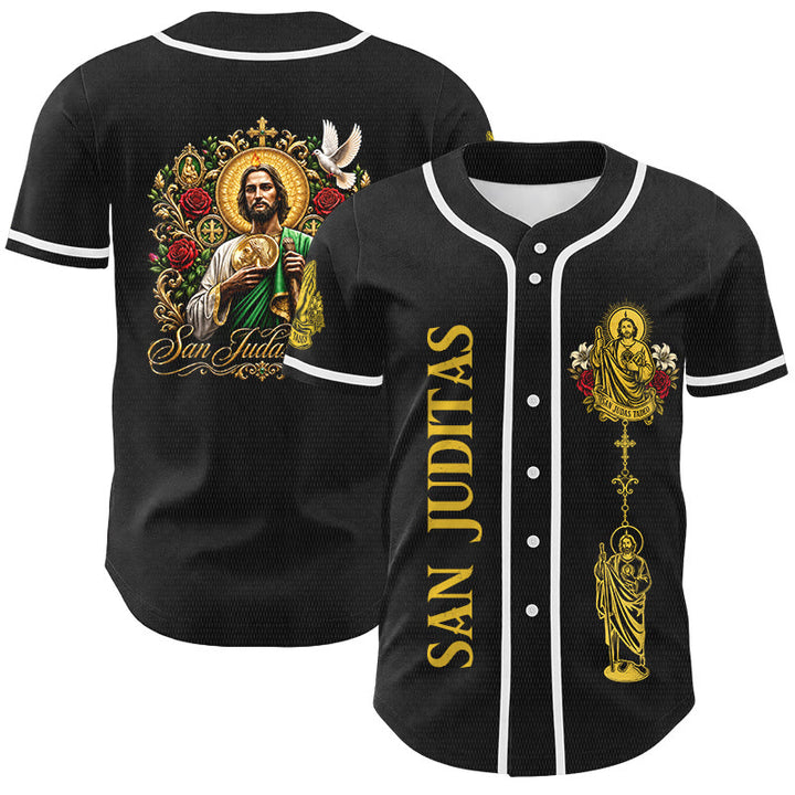 Christianartworkshop Maillot de baseball boutonné avec motif vertical de la sainte San Juditas Rosary Sainte et portrait de la sainte Lys et de la colombe au dos - Noir - Jaune - 5XL - image 6