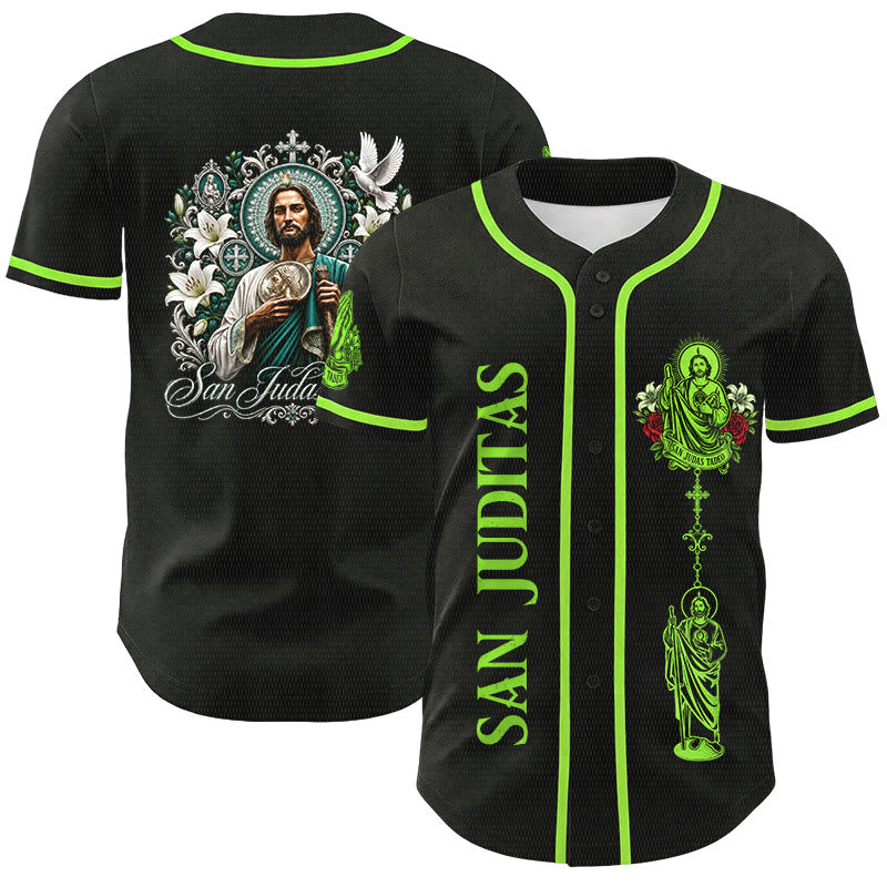 Christianartworkshop Maillot de baseball boutonné avec motif vertical de la sainte San Juditas Rosary Sainte et portrait de la sainte Lys et de la colombe au dos - Noir - Vert - 5XL - image 0