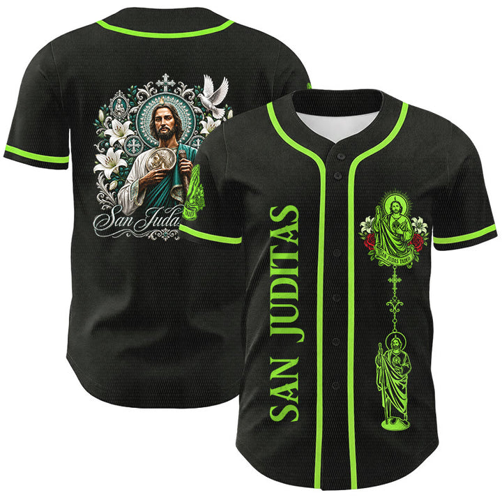 Christianartworkshop Maillot de baseball boutonné avec motif vertical de la sainte San Juditas Rosary Sainte et portrait de la sainte Lys et de la colombe au dos - Noir - Vert - 5XL - image 0