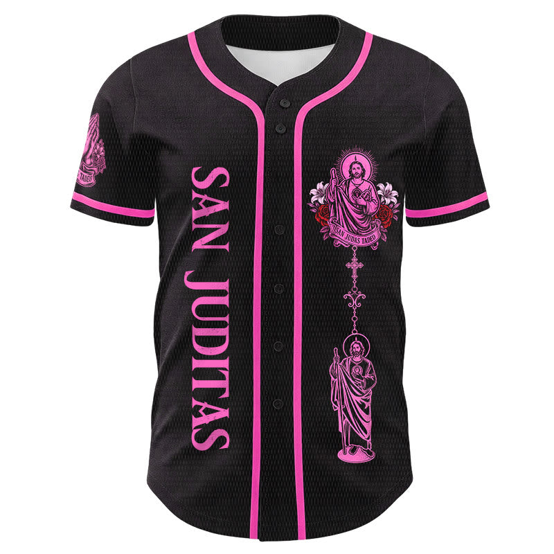 Christianartworkshop Maillot de baseball boutonné avec motif vertical de la sainte San Juditas Rosary Sainte et portrait de la sainte Lys et de la colombe au dos - image 4