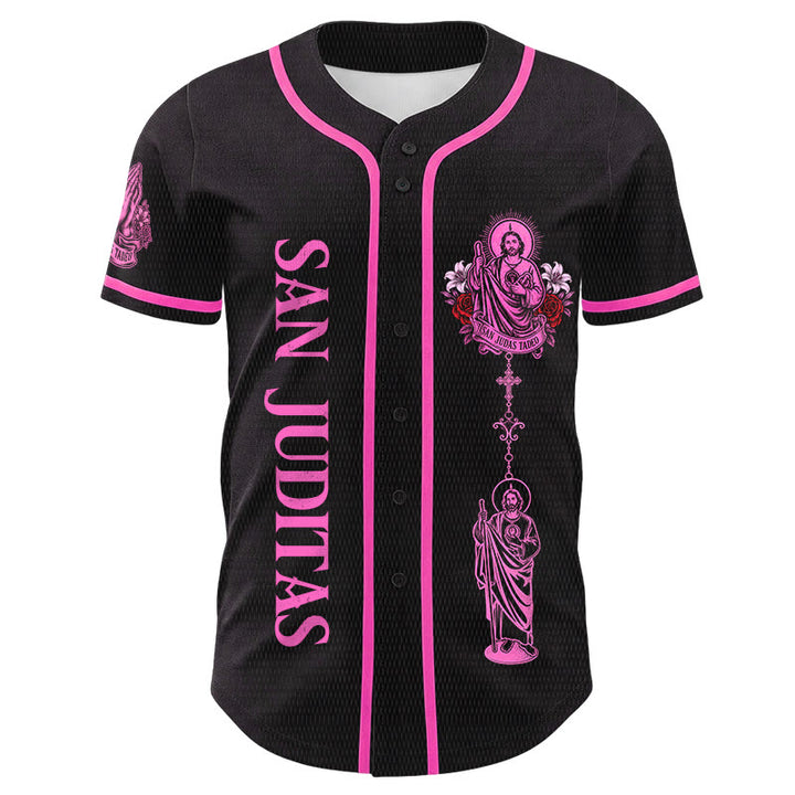 Christianartworkshop Maillot de baseball boutonné avec motif vertical de la sainte San Juditas Rosary Sainte et portrait de la sainte Lys et de la colombe au dos - image 4