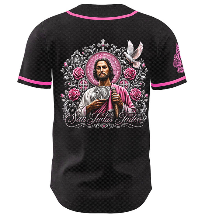 Christianartworkshop Maillot de baseball boutonné avec motif vertical de la sainte San Juditas Rosary Sainte et portrait de la sainte Lys et de la colombe au dos - image 5