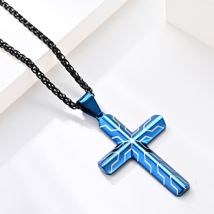 Christianartworkshop Collier pendentif croix gravée motif éclair bleu brillant : emblème intemporel de douce protection céleste - image 3