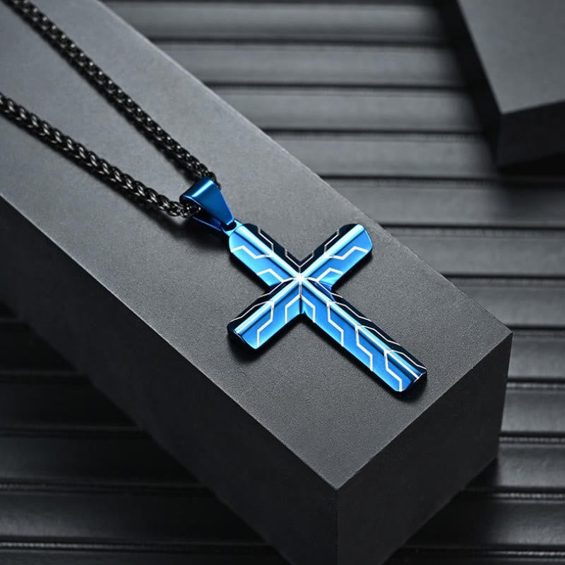 Christianartworkshop Collier pendentif croix gravée motif éclair bleu brillant : emblème intemporel de douce protection céleste - image 2