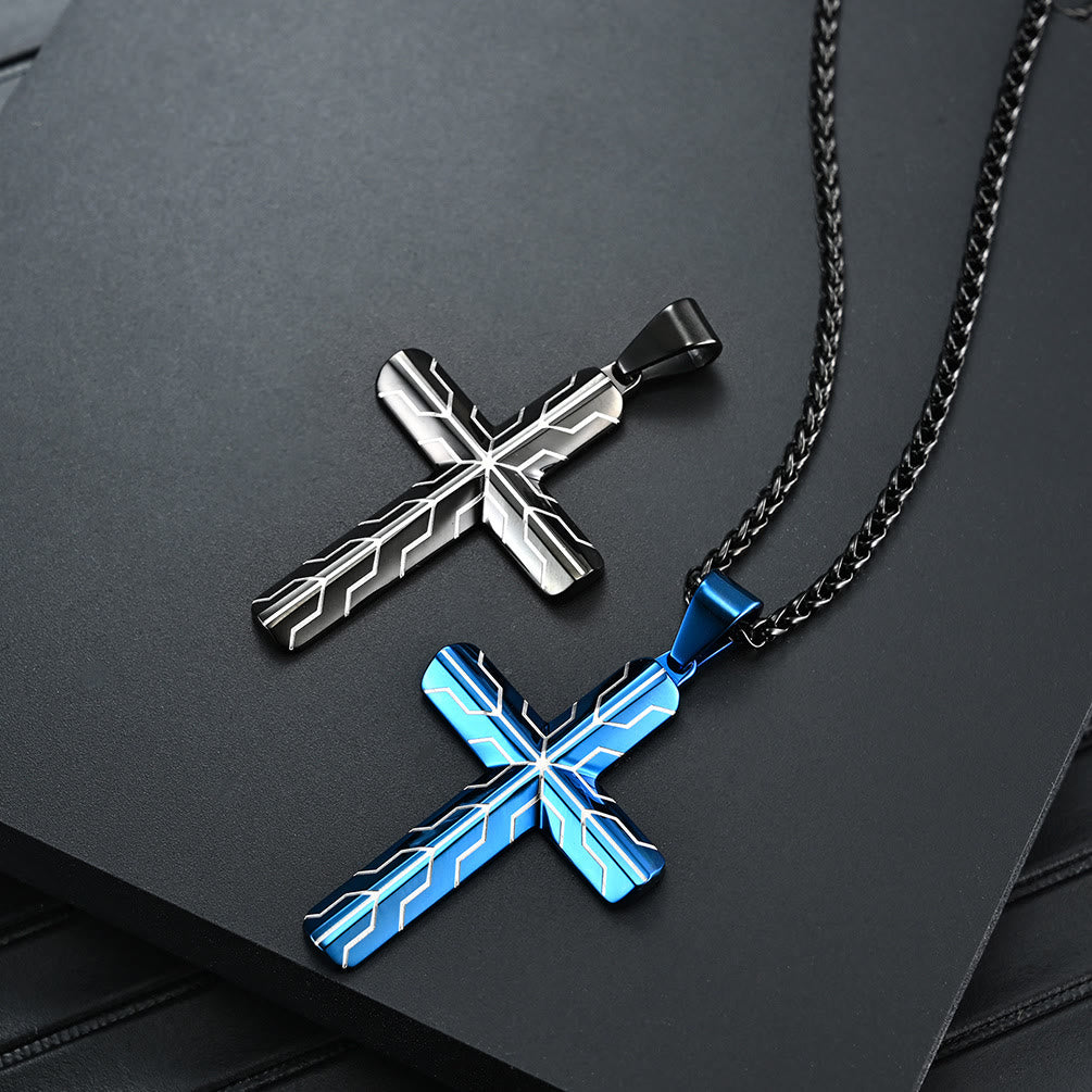Christianartworkshop Collier pendentif croix gravée motif éclair bleu brillant : emblème intemporel de douce protection céleste - image 1