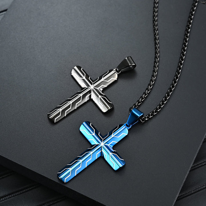 Christianartworkshop Collier pendentif croix gravée motif éclair bleu brillant : emblème intemporel de douce protection céleste - image 1