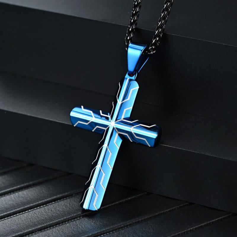 Christianartworkshop Collier pendentif croix gravée motif éclair bleu brillant : emblème intemporel de douce protection céleste - Bleu - image 0