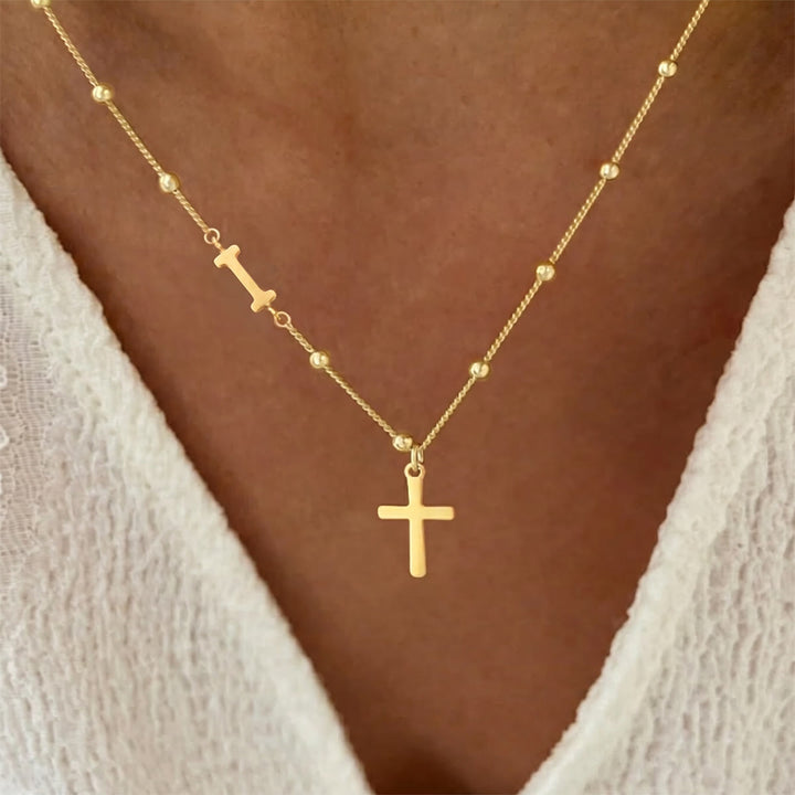 Christianartworkshop Collier pendentif croix avec initiale A-Z personnalisée sur chaîne à perles : emblème intemporel de douce protection céleste - Doré - je - image 9