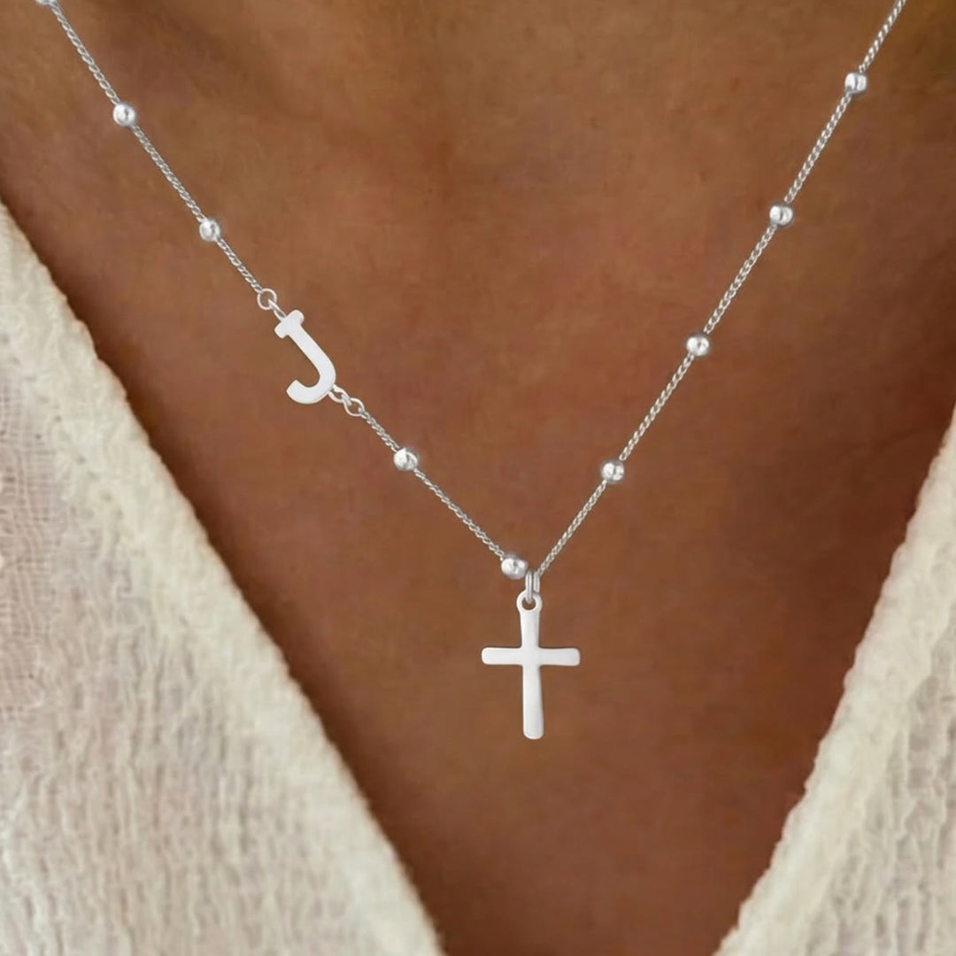 Christianartworkshop Collier pendentif croix avec initiale A-Z personnalisée sur chaîne à perles : emblème intemporel de douce protection céleste - Argent - J - image 36