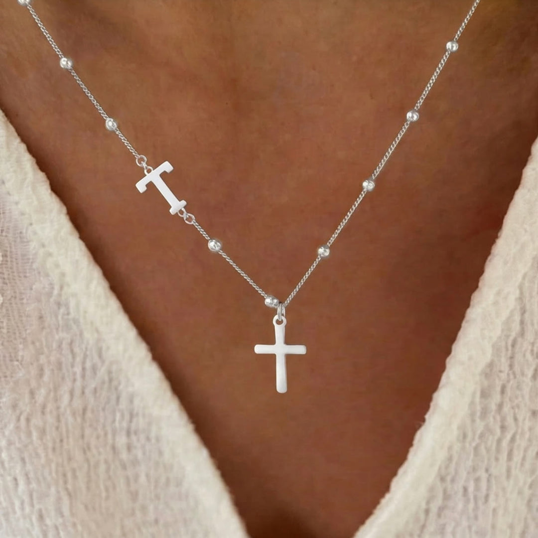 Christianartworkshop Collier pendentif croix avec initiale A-Z personnalisée sur chaîne à perles : emblème intemporel de douce protection céleste - Argent - T - image 45