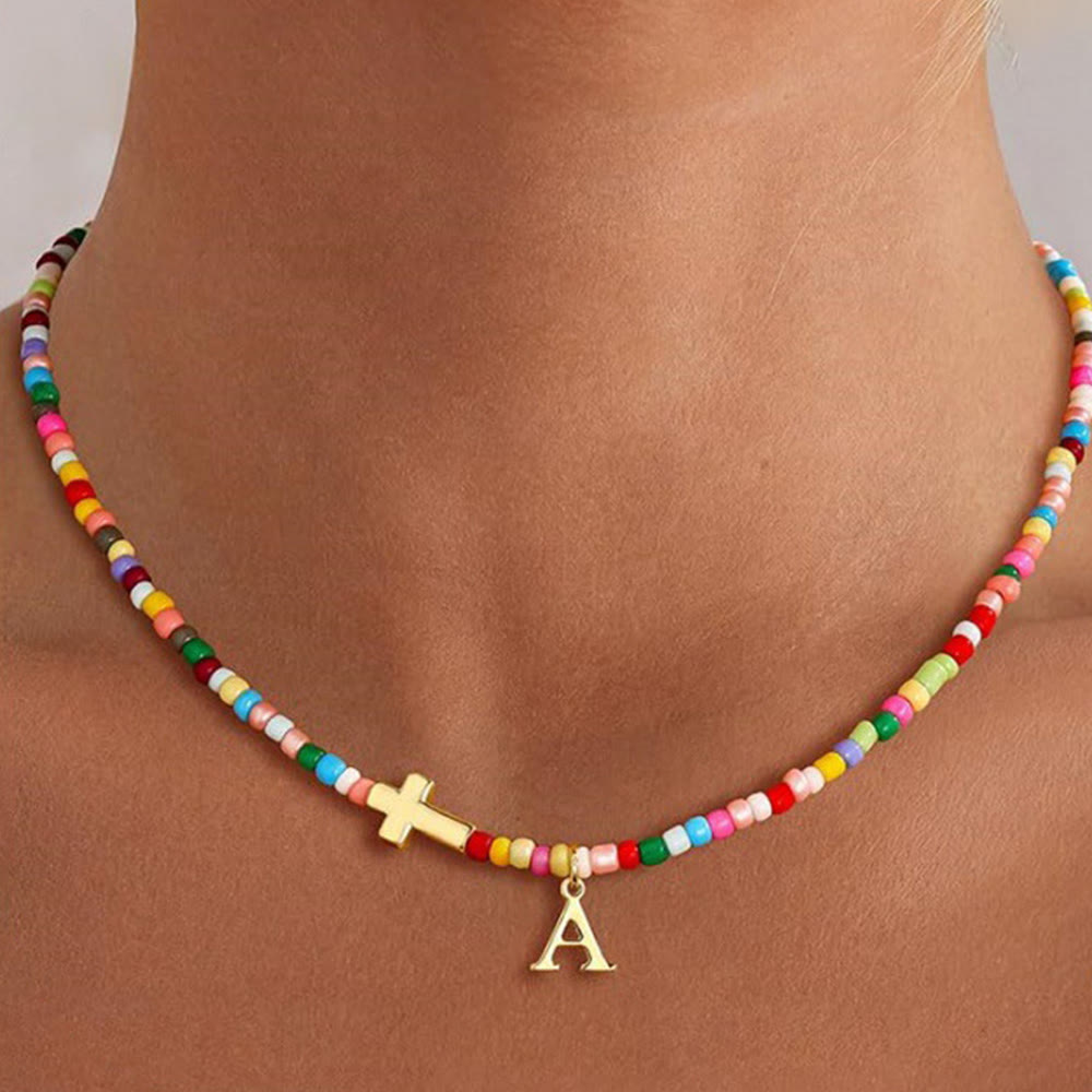 Christianartworkshop Collier ras du cou personnalisé avec pendentif croix et perles vibrantes : emblème intemporel de douce protection céleste - UN - image 0