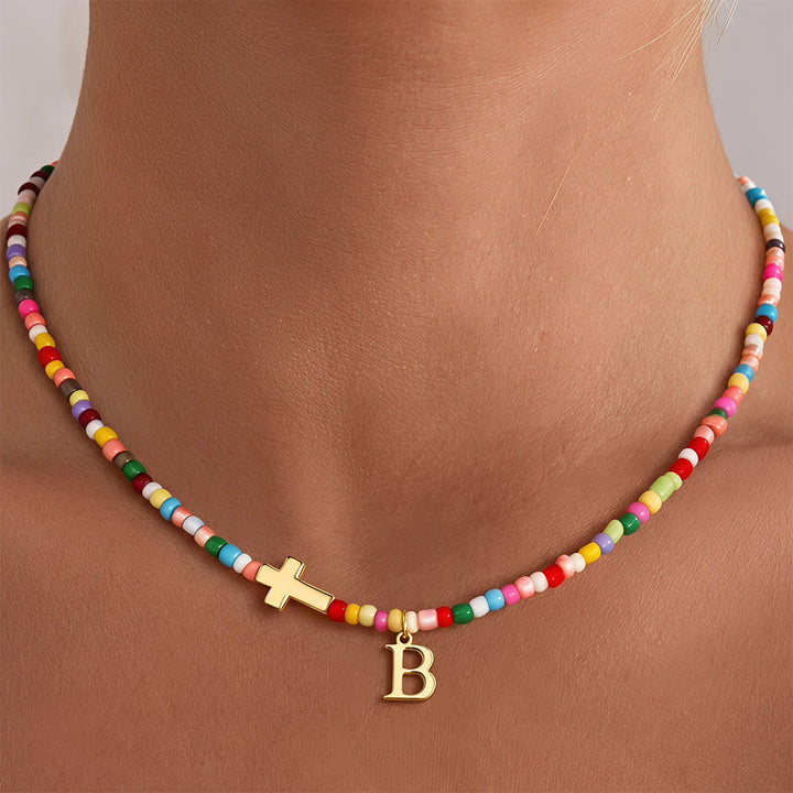 Christianartworkshop Collier ras du cou personnalisé avec pendentif croix et perles vibrantes : emblème intemporel de douce protection céleste - B - image 3