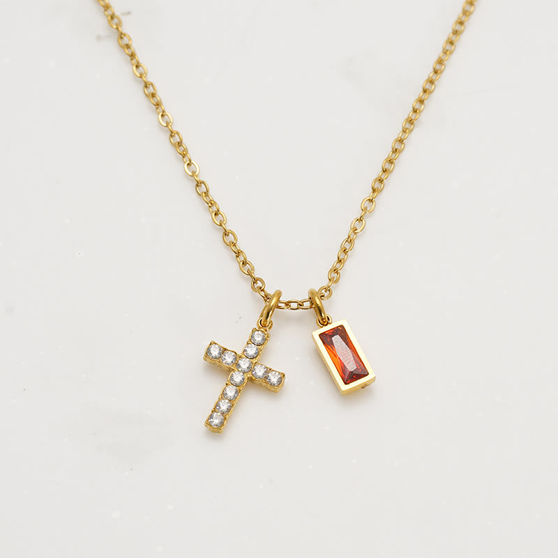Christianartworkshop Collier double pendentif croix rectangulaire avec pierre et paillettes, personnalisé avec le mois de naissance : emblème intemporel de douce protection céleste - Janvier - image 0
