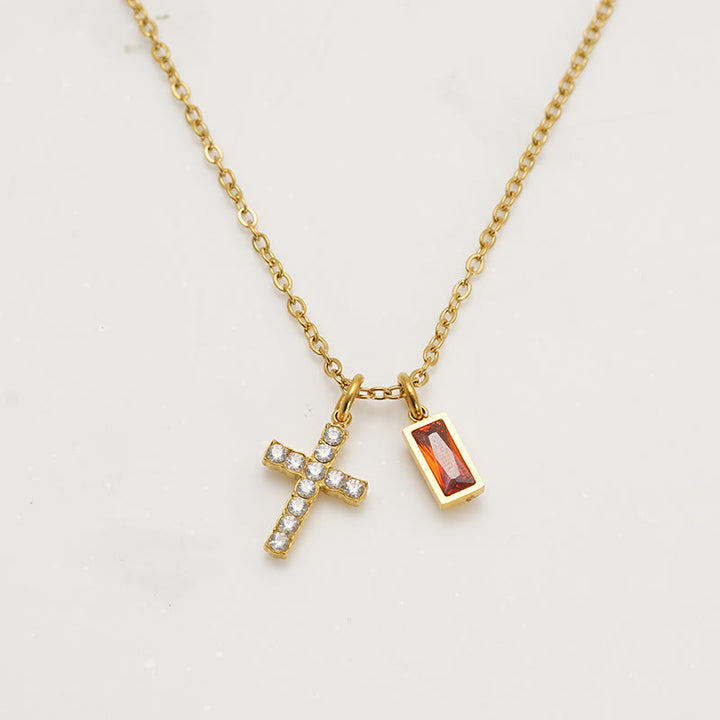 Christianartworkshop Collier double pendentif croix rectangulaire avec pierre et paillettes, personnalisé avec le mois de naissance : emblème intemporel de douce protection céleste - Janvier - image 0