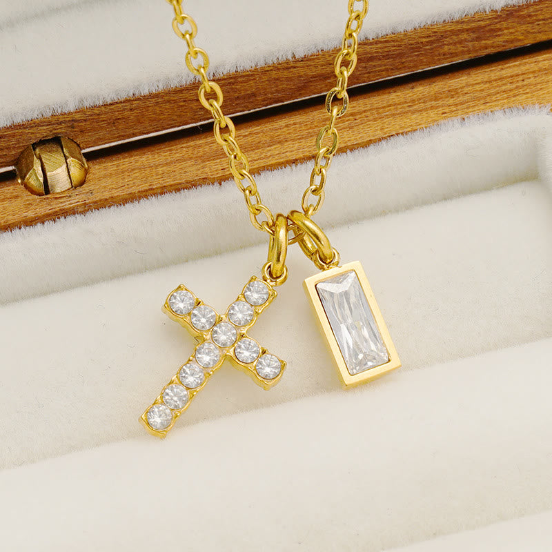 Christianartworkshop Collier double pendentif croix rectangulaire avec pierre et paillettes, personnalisé avec le mois de naissance : emblème intemporel de douce protection céleste - image 8